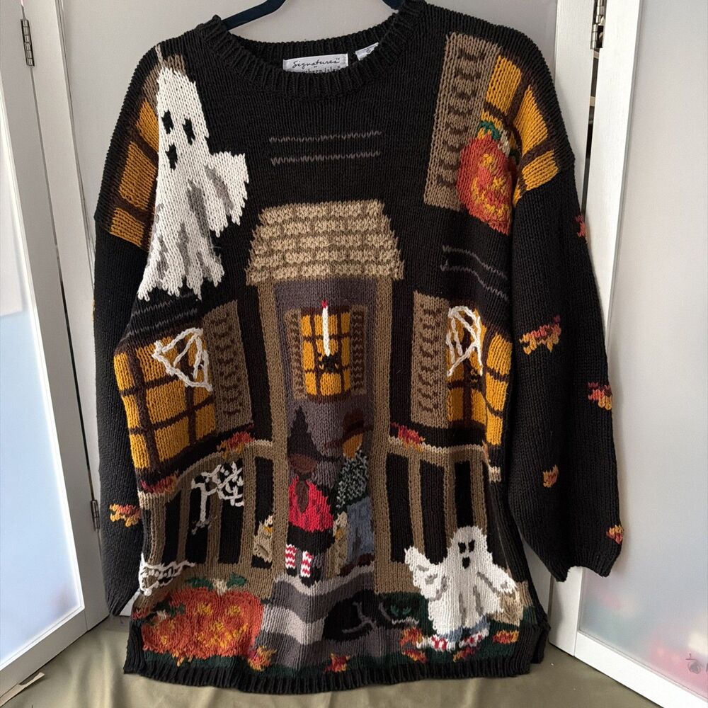 Northern Isles Signiatures Hand Knit XL Halloween Ghost Pumpkin Sweater